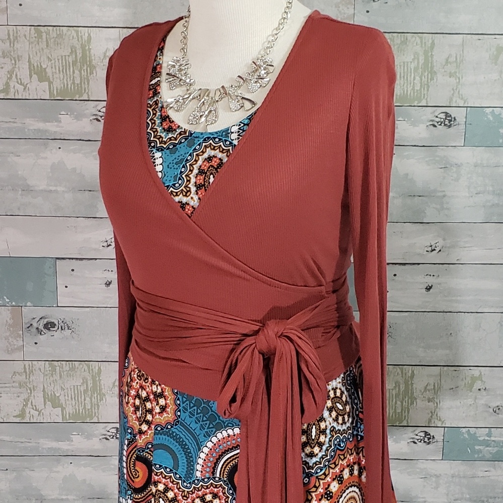 Long Sleeve Wrap Top Ribbed Marsala